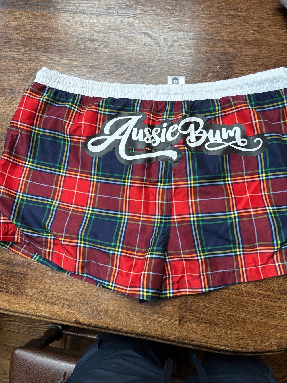 AussieBum Men's Red Navy Plaid Swim Trunks